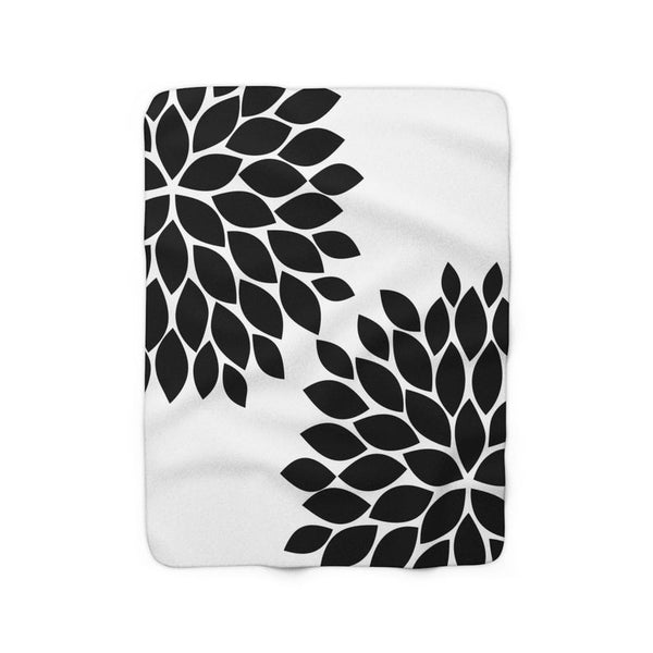 Floral Throw Blanket, Sherpa Fleece Blanket, Camping Blanket, Black White Outdoor Fleece Blanket, Black and White Floral Bedding - SFB5