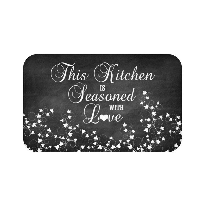 Black and White "This Kitchen is Seasoned with Love" Kitchen Memory Foam Mat - MAT37