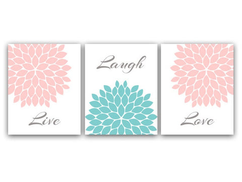 "Live Laugh Love" Pink and Aqua Floral Wall Art Set - HOME21