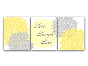 "Live Laugh Love" Yellow Gray Wall Art Prints, Flower Burst Bathroom Decor, Yellow Bedroom Wall Art - HOME29