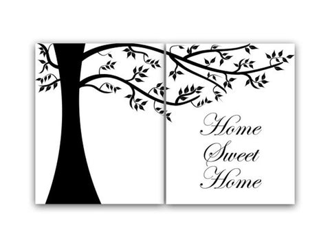 "Home Sweet Home" Family Tree Wall Art Prints, Black & White Living Room Art - HOME35