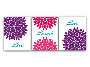 "Live Laugh Love" - Purple, Fuchsia and Teal Floral Wall Art Set - HOME34