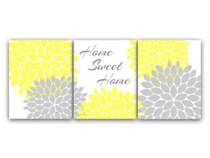 Home Decor CANVAS Wall Art, Home Sweet Home, Yellow Wall Art, Flower Burst Bedroom Wall Decor, Yellow and Gray Bedroom Art PRINTS - HOME42