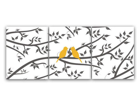 Yellow Love Birds Art Prints, Gray Bedroom or Bathroom Wall Art - HOME73