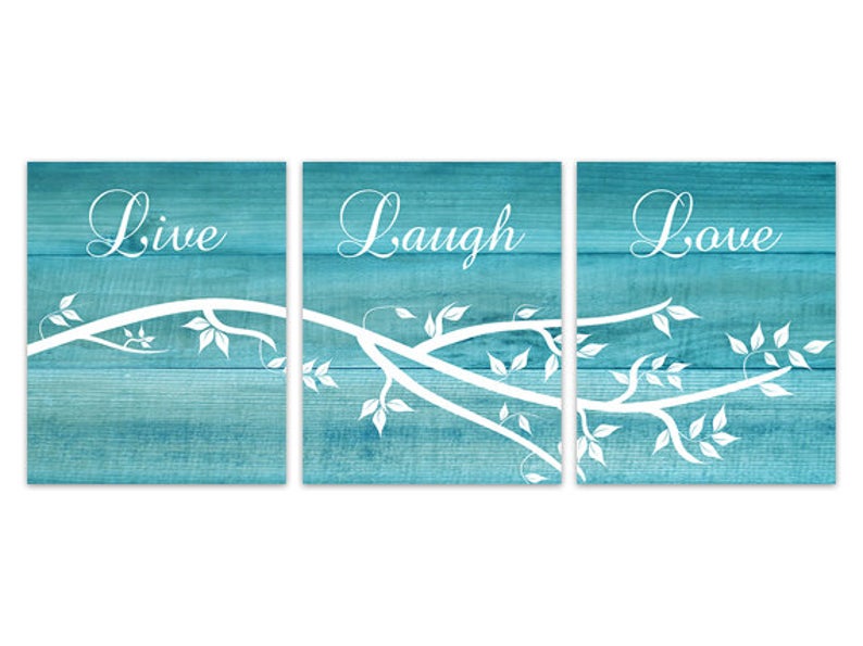 Home Decor Wall Art, Live Laugh Love CANVAS, Aqua Wall Art, Bathroom Decor, Wood Effect Art, Tree Branch Art, Aqua Bedroom Decor - HOME145