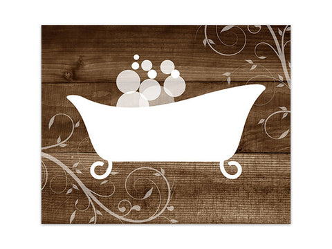 Scroll Bathroom Wall Art - Rustic Brown & White Clawfoot Bathtub with Bubbles - BATH110