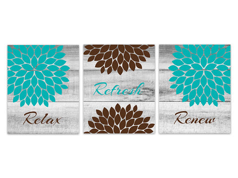 Bathroom Wall Art, Relax Refresh Renew CANVAS, Teal and Brown Bathroom Decor, Flower Bathroom Art, Set of 3 Bath Art Prints - BATH113