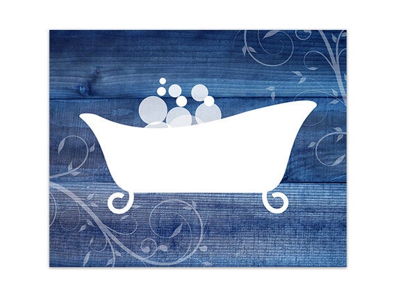 Farmhouse Bathroom Scroll Art, Blue Wood Effect & White Clawfoot Tub with Bubbles - BATH116