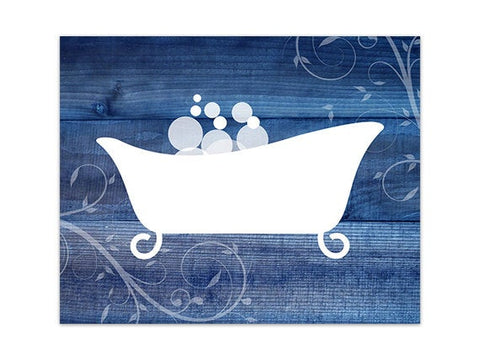 Farmhouse Bathroom Scroll Art, Blue Wood Effect & White Clawfoot Tub with Bubbles - BATH116