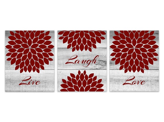 Live Laugh Love CANVAS or PRINTS, Home Decor Wall Art, Red Flower Burst Bathroom Wall Decor, Red Bedroom Wall Art - HOME150
