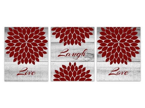 Live Laugh Love CANVAS or PRINTS, Home Decor Wall Art, Red Flower Burst Bathroom Wall Decor, Red Bedroom Wall Art - HOME150