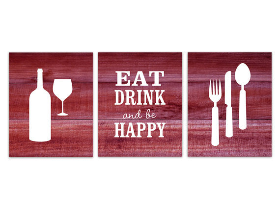 Kitchen Decor, Rustic Kitchen CANVAS Art, Eat Drink Quote, Fork Spoon Wall Decor, Wine Glass Art, Wood Effect Home Decor Wall Art - HOME160