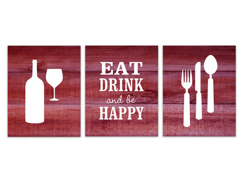 Kitchen Decor, Rustic Kitchen CANVAS Art, Eat Drink Quote, Fork Spoon Wall Decor, Wine Glass Art, Wood Effect Home Decor Wall Art - HOME160