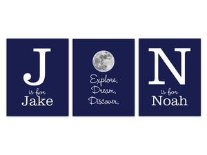 Personalized Blue Moon Brothers 3pc Wall Art "Explore Dream Discover" - KIDS215