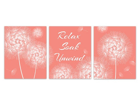 Coral Bathroom Wall Art, Relax Soak Unwind Bathroom CANVAS, Dandelion Wall Art, Dandelion Bathroom Decor, Set of 3 Bath Art Prints - BATH123
