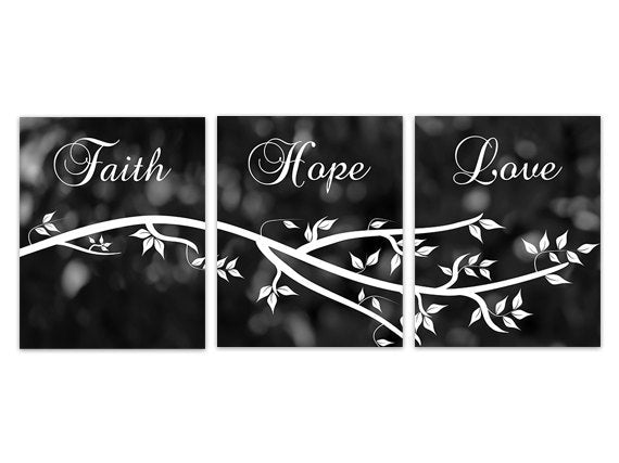 Black and White Wall Art, Home Decor Wall Art, Faith Hope Love, Bathroom Wall Decor, Bokeh Art, Tree Branch Art, Bedroom Decor - HOME164