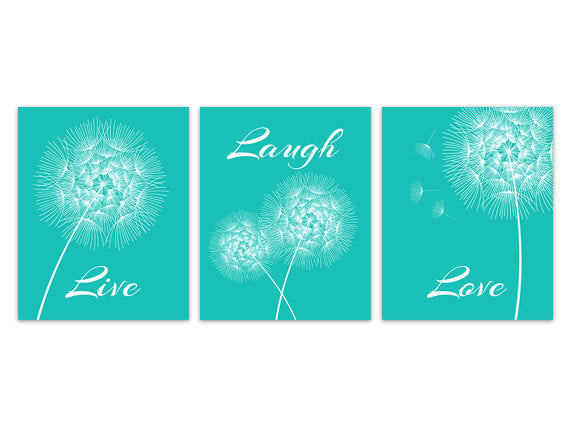 Turquoise Bedroom CANVAS Wall Art, Home Decor CANVAS, Live Laugh Love PRINTS, Aqua Wall Art, Dandelion Flower Bathroom Wall Decor - HOME169