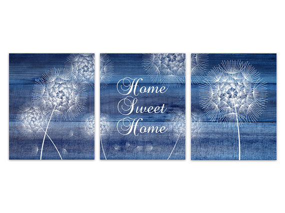 Home Sweet Home, Navy Bedroom Wall Art, Home Decor Wall Art, Navy Blue Wood Effect Wall Art, Dandelion Flower Bathroom Decor - HOME174