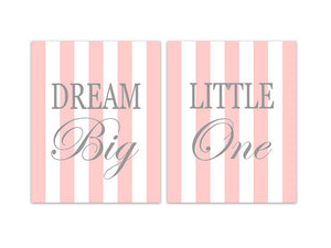 Nursery Wall Art, Dream Big Little One, Kids CANVAS Wall Art, Pastel Pink and Gray Nursery, Pink and White Stripe Girls Room Decor - KIDS225