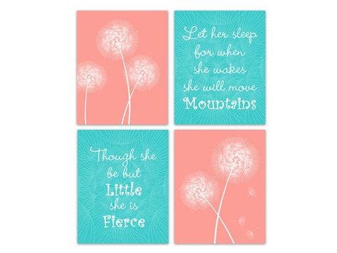 Coral and Aqua Nursery CANVAS or PRINTS, Though She Be But Little She Is Fierce, Let Her Sleep Nursery Quote, Modern Nursery Art - KIDS233