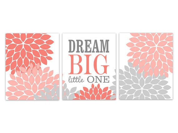 Nursery CANVAS Wall Art, Dream Big Little One, Coral and Grey Nursery Art Print, Kids Wall Art, Floral Nursery Art - KIDS241