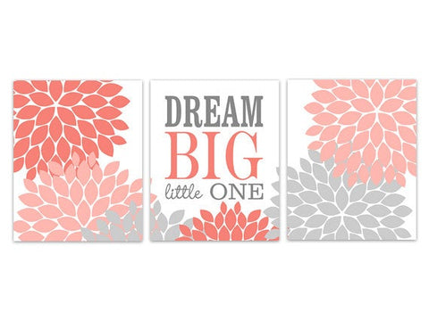 Nursery CANVAS Wall Art, Dream Big Little One, Coral and Grey Nursery Art Print, Kids Wall Art, Floral Nursery Art - KIDS241
