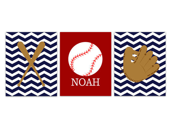 Baseball Wall Art, Personalized Kids Wall Art, Red and Navy Nursery Decor, Boy Monogram Art, Sports Theme Nursery - KIDS245