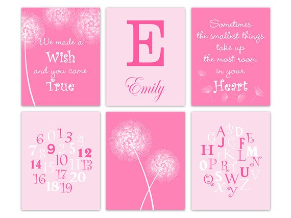 Pink Nursery Wall Art, Sometimes The Smallest Things Quote, We Made a Wish Quote, ABC Art Nursery Prints, Dandelion Nursery Prints - KIDS251