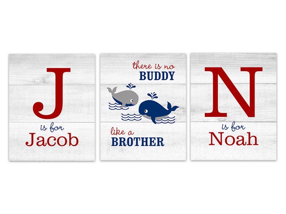 Personalized Whales Brothers Nursery 3pc Wall Art "There's No Buddy Like a Brother" - KIDS254