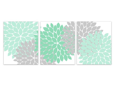 CANVAS Home Decor Wall Art, Mint and Grey Flower Burst Art, Bathroom Wall Decor, Mint Bedroom Decor, Nursery Wall Art - HOME181