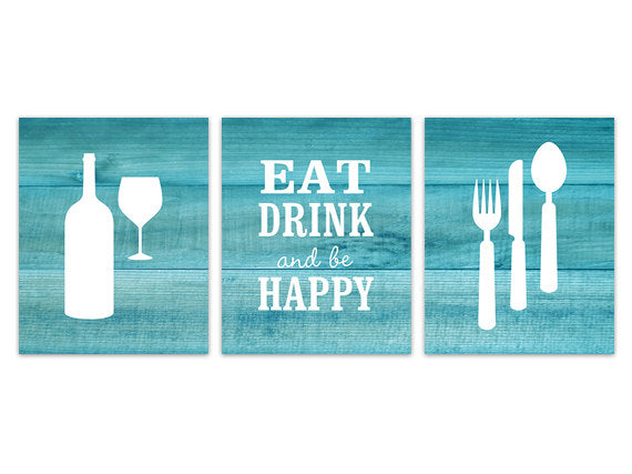 Eat Drink Quote, Aqua Kitchen Decor, Rustic Kitchen Art, Fork Spoon Wall Decor, Wine Glass Art, Wood Effect Home Decor Wall Art - HOME184