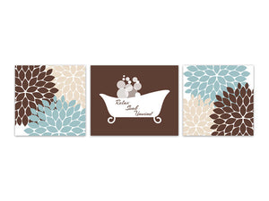 Brown & Blue Flower Burst with Clawfoot Bathtub 3pc Bathroom Art "Relax Soak Unwind" - BATH134