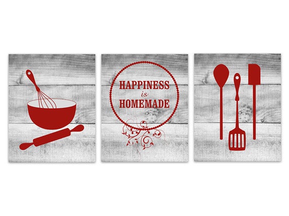 Happiness is Homemade Sign, Home Decor Wall Art, Rustic Kitchen CANVAS, Kitchen Utensils Wall Art Prints, Red and Gray Kitchen Art - HOME202