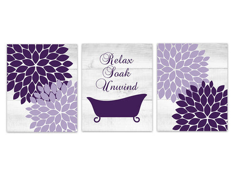 Bathroom CANVAS or PRINTS, Purple Bathroom Decor, Relax Soak Unwind, Claw Tub Art Prints, Wood Effect Wall Art, Modern Home Decor - BATH131