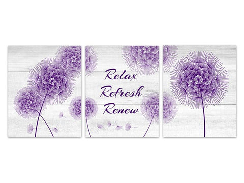 Purple Bathroom CANVAS Art, Relax Refresh Renew, Dandelion Wall Art, Wood Effect Dandelion Bathroom Decor, Rustic Bathroom Art - BATH133