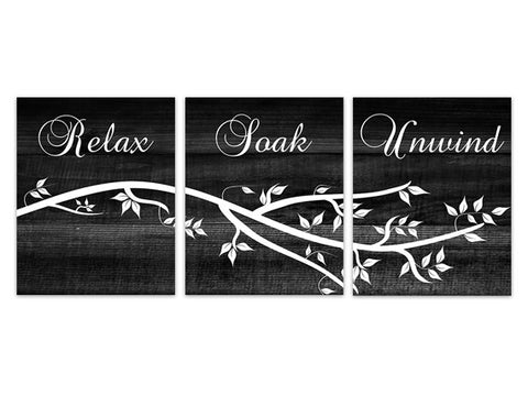 Relax Soak Unwind Modern Bathroom Art, Black Bathroom Wall Art, Wood Effect Set of 3 Bath Art Prints, Bathroom Decor, Home Decor - BATH135