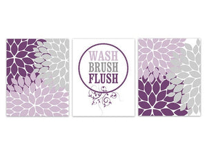 "Wash Brush Flush" Purple and Gray Floral Bathroom Wall Art Prints - BATH136