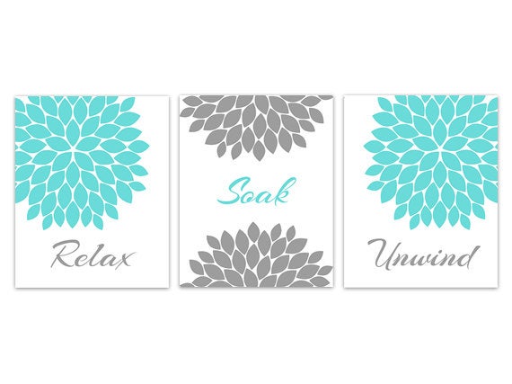 Relax Soak Unwind CANVAS, Bathroom Wall Art PRINTS, Aqua and Gray Bathroom Decor, Bathroom Quote Art, Floral Bath Prints - BATH144