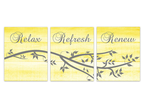 Relax Refresh Renew Yellow Bathroom CANVAS or PRINTS, Modern Bathroom Art, Bathroom Wall Art, Wood Effect Set of 3 Bath Art Prints - BATH147