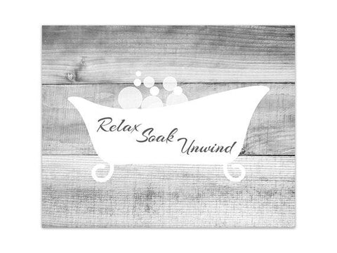Farmhouse Bathroom Wall Art, Gray Wood Effect & White Clawfoot Tub "Relax Soak Unwind" - BATH148