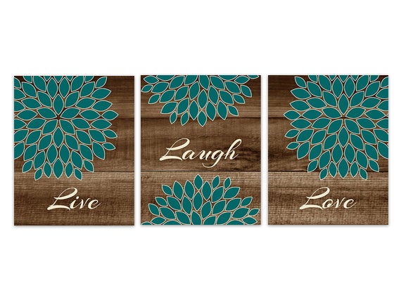 Live Laugh Love, Home Decor CANVAS Wall Art, Teal Flower Burst Bedroom Wall Decor, Rustic Bedroom Wall Art, Brown Wood Effect Art - HOME192