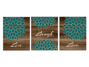 Live Laugh Love, Home Decor CANVAS Wall Art, Teal Flower Burst Bedroom Wall Decor, Rustic Bedroom Wall Art, Brown Wood Effect Art - HOME192