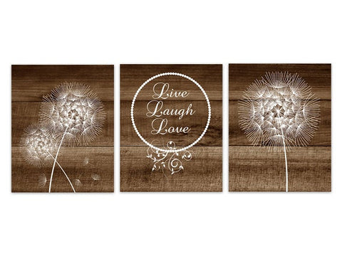 Live Laugh Love, Brown Bedroom Wall Art, Home Decor CANVAS Wall Art, Wood Effect Wall Art, Dandelion Flower Bathroom Wall Decor - HOME195