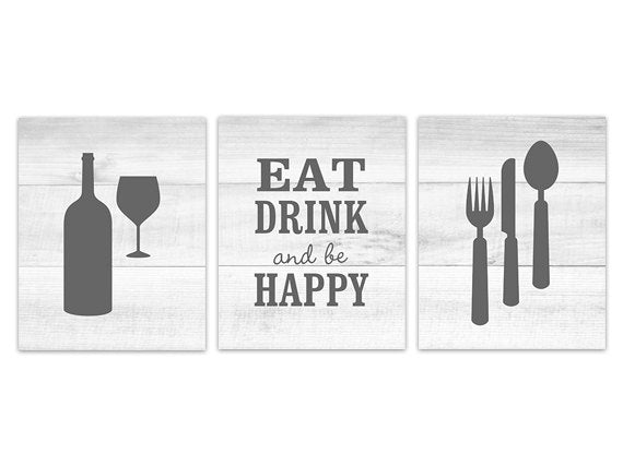 Eat Drink Quote, Gray Kitchen CANVAS Wall Art, Rustic Kitchen Decor, Fork Spoon Wall Decor, Gray Wood Effect Wine Glass Art Prints - HOME206