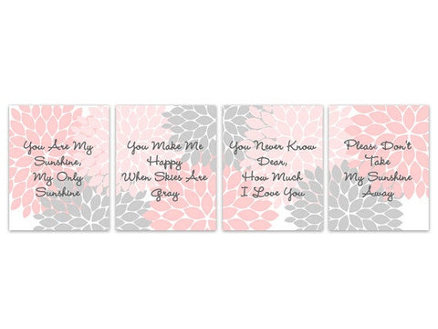 You Are My Sunshine CANVAS or PRINTS Nursery Wall Art, Pink and Gray Nursery Quote Art, Baby Girl Modern Flower Burst Nursery Art - KIDS259