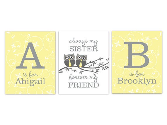 Personalized Yellow Owls Sisters 3pc Wall Art "Always My Sister, Forever My Friend" - KIDS269