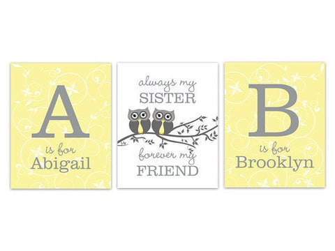 Personalized Yellow Owls Sisters 3pc Wall Art "Always My Sister, Forever My Friend" - KIDS269