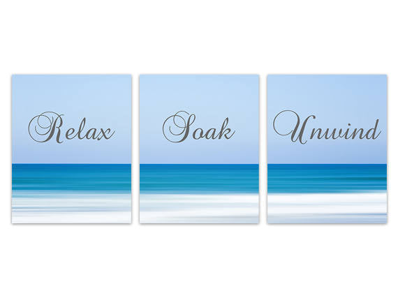 Relax Soak Unwind Bathroom PRINTS or CANVAS, Ocean Bathroom Decor, Beach Bathroom Art Print, Set of 3 Blue Bathroom Wall Art - BATH150