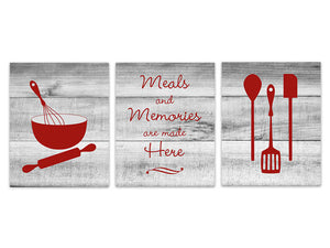 Kitchen Wall Decor CANVAS, Kitchen Signs, Rustic Kitchen Art, Dining Room Wall Art, Meals and Memories, Gray and Red Kitchen Decor - HOME214