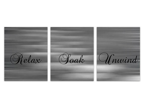 Relax Soak Unwind, Bathroom PRINTS or CANVAS, Gray Bathroom Decor, Abstract Bath Art Print, Set of 3 Gray Bathroom Wall Art - BATH152